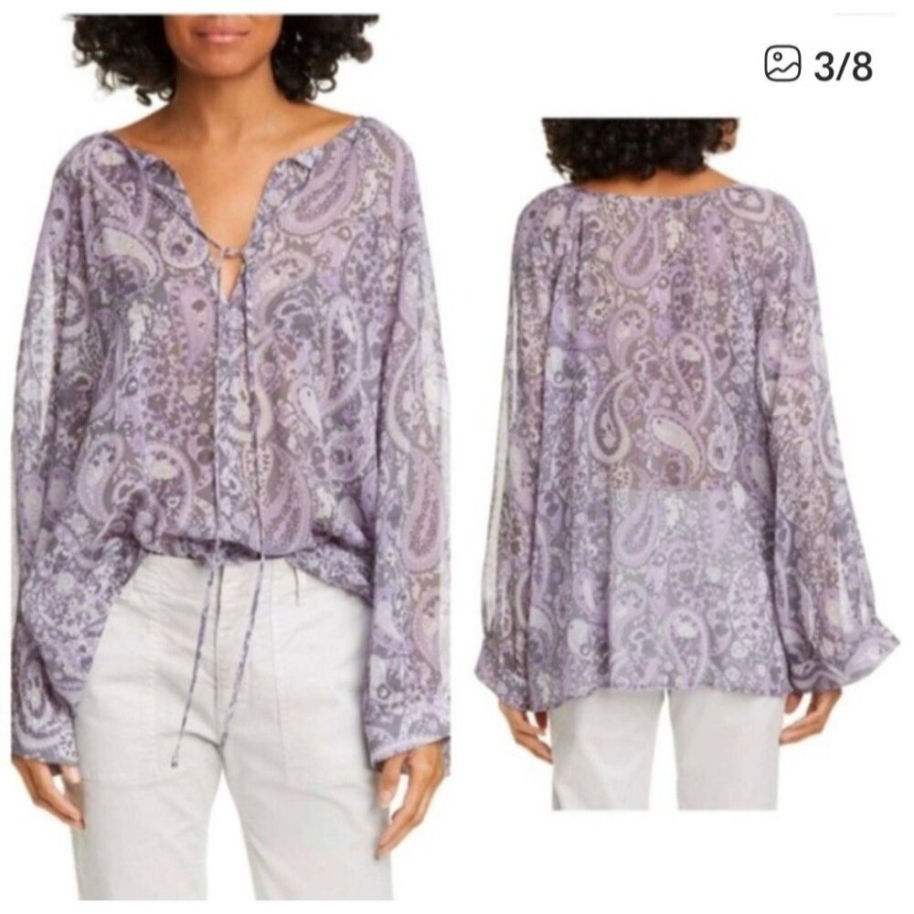 Nili Lotan Acaidia Blouse Women Small 100% Silk Purple Paisley Sheer Top Boho